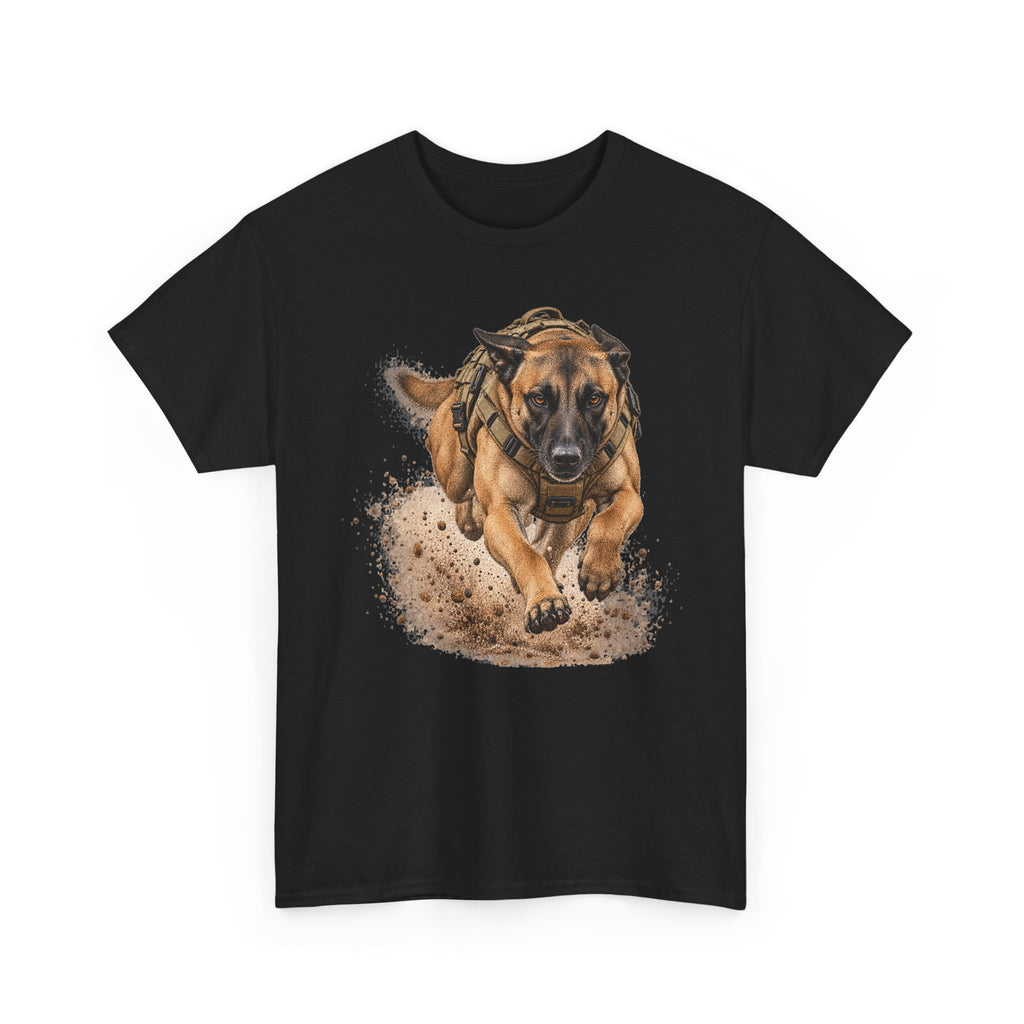 Black graphic dog t-shirt with running Belgian Malinois print on chest