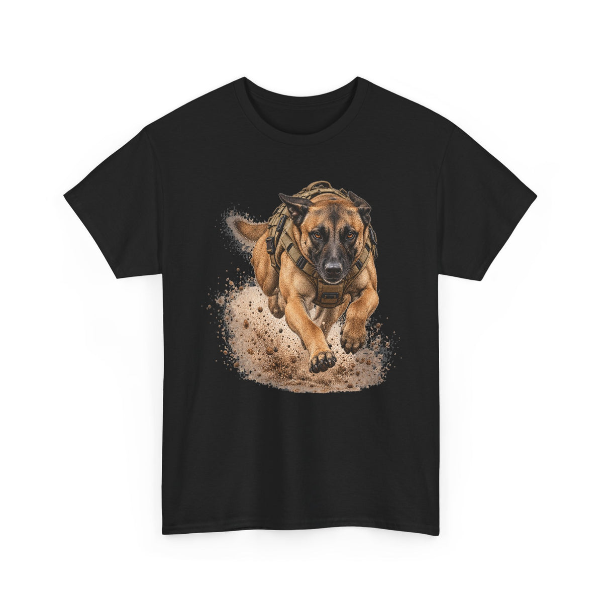 Black graphic dog t-shirt with running Belgian Malinois print on chest