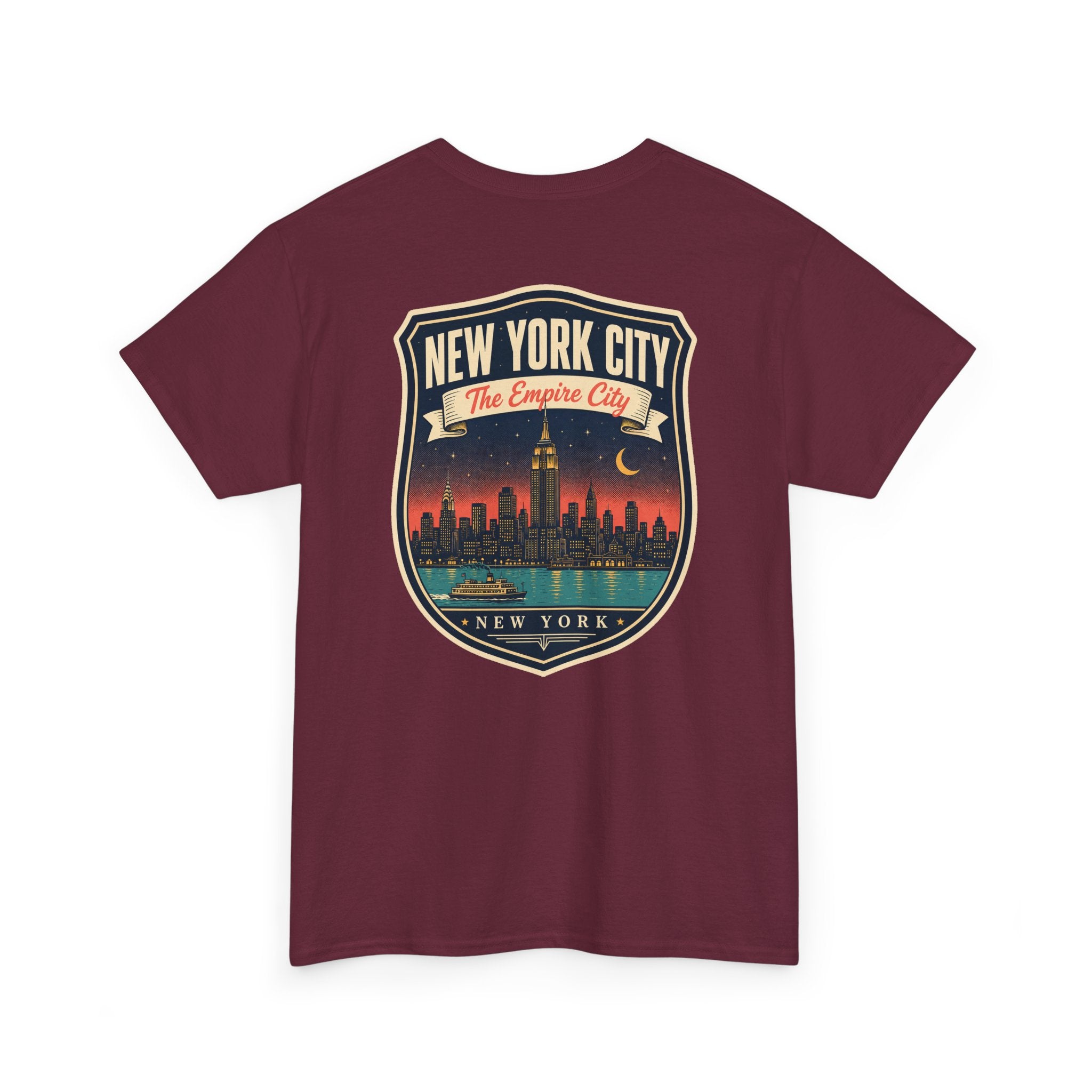 Maroon T-shirt with New York City skyline badge graphic