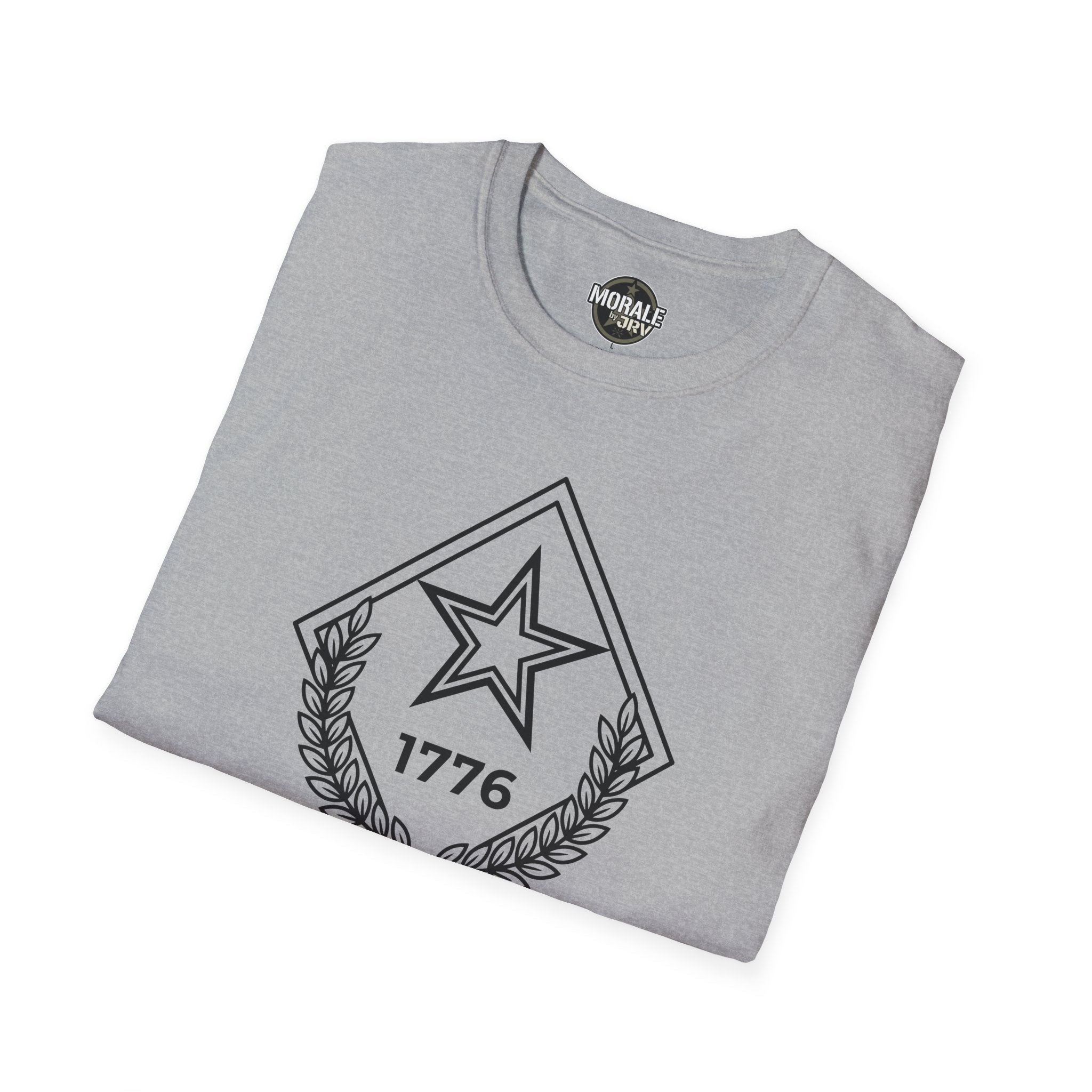 Sport grey T-shirt with 1776 star and laurel emblem graphic