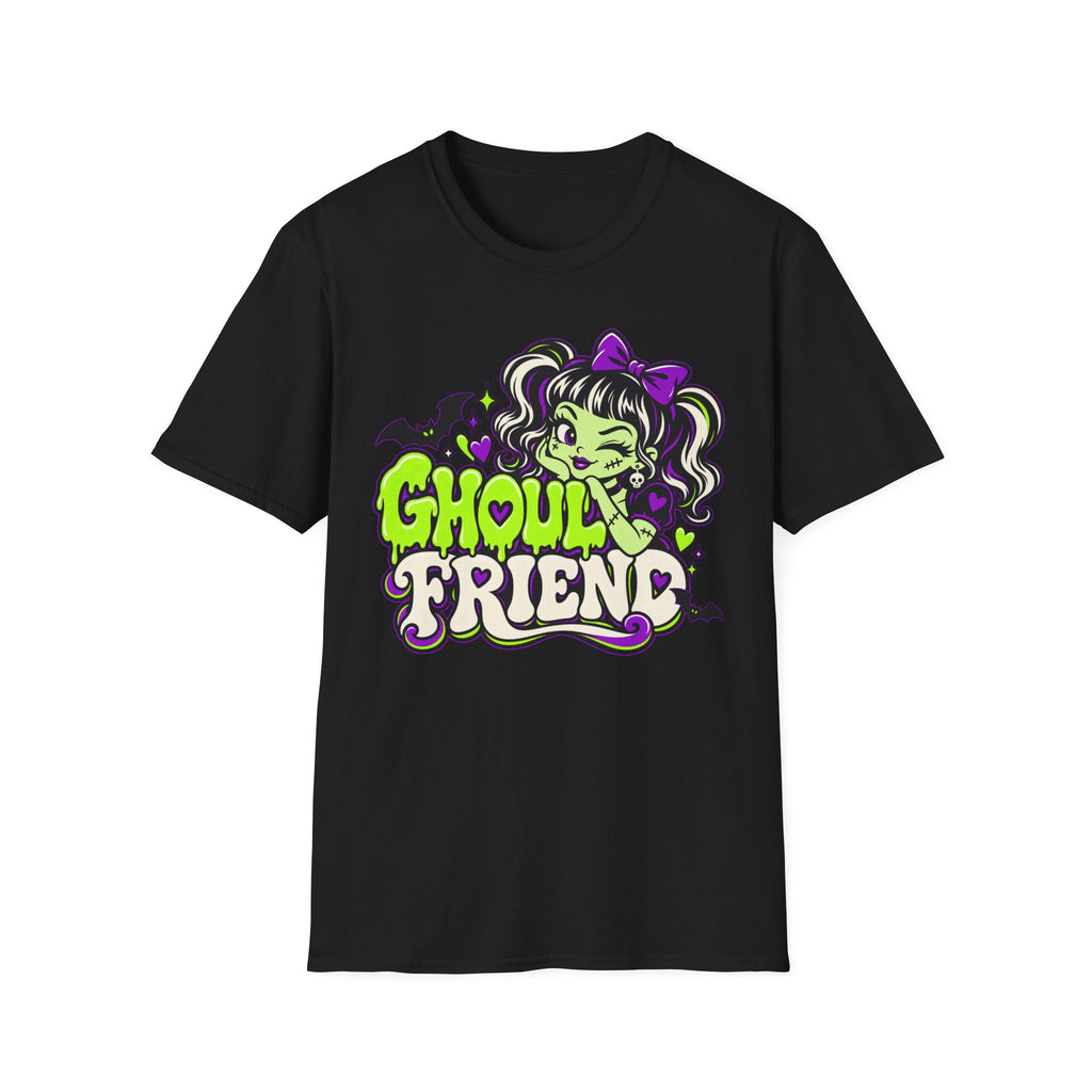 Black Halloween graphic t-shirt with cute monster girl “Ghoul Friend” logo