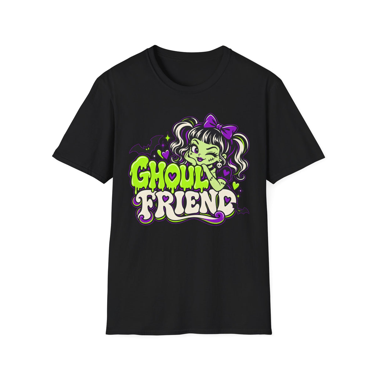 Black Halloween graphic t-shirt with cute monster girl “Ghoul Friend” logo