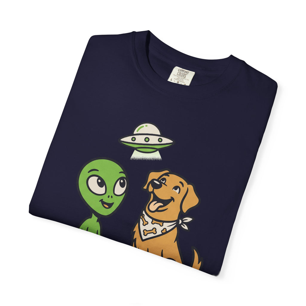 Alien and dog graphic t-shirt, dark navy crew neck short sleeves