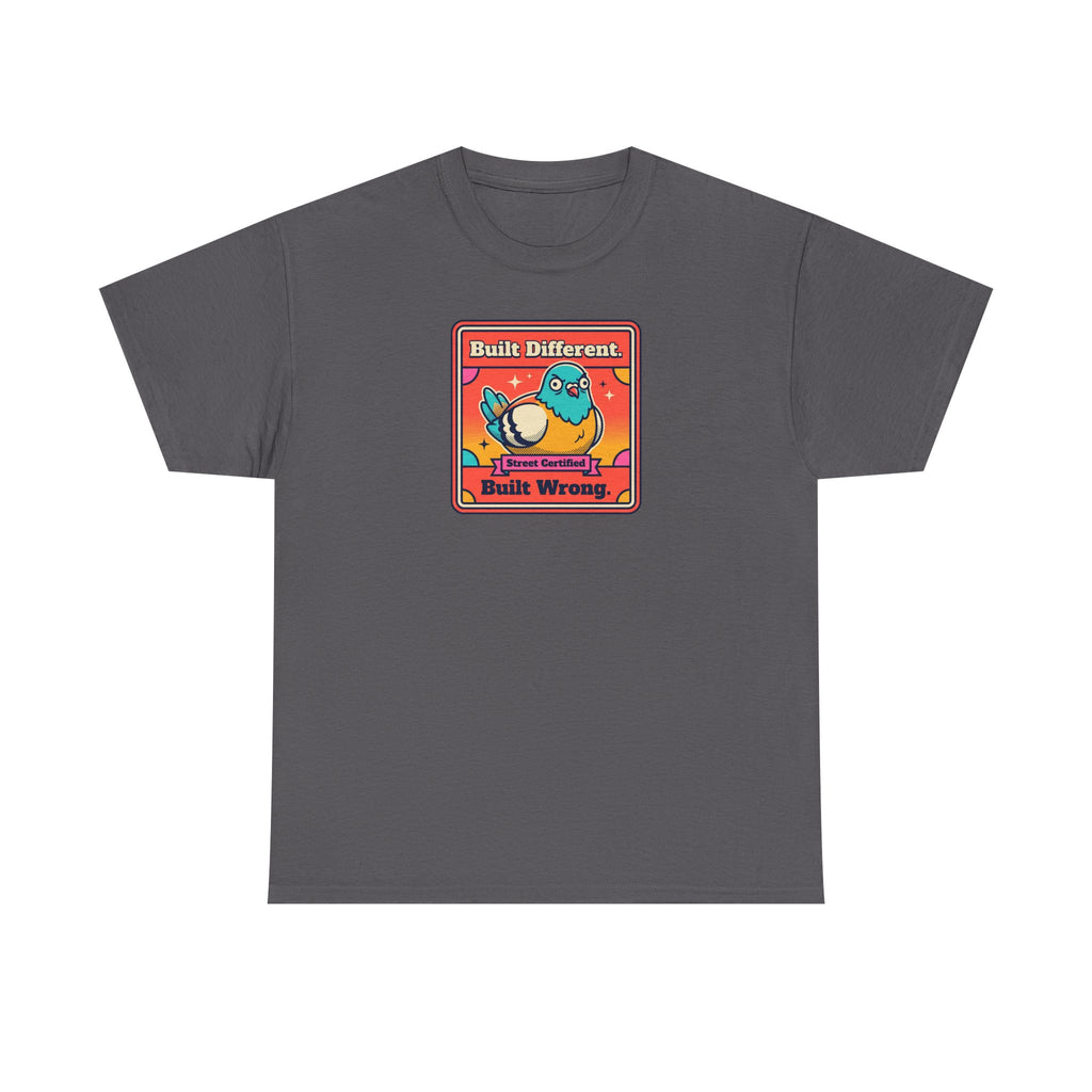 Charcoal t-shirt with framed bird graphic, 'Built Different' and 'Built Wrong' text.