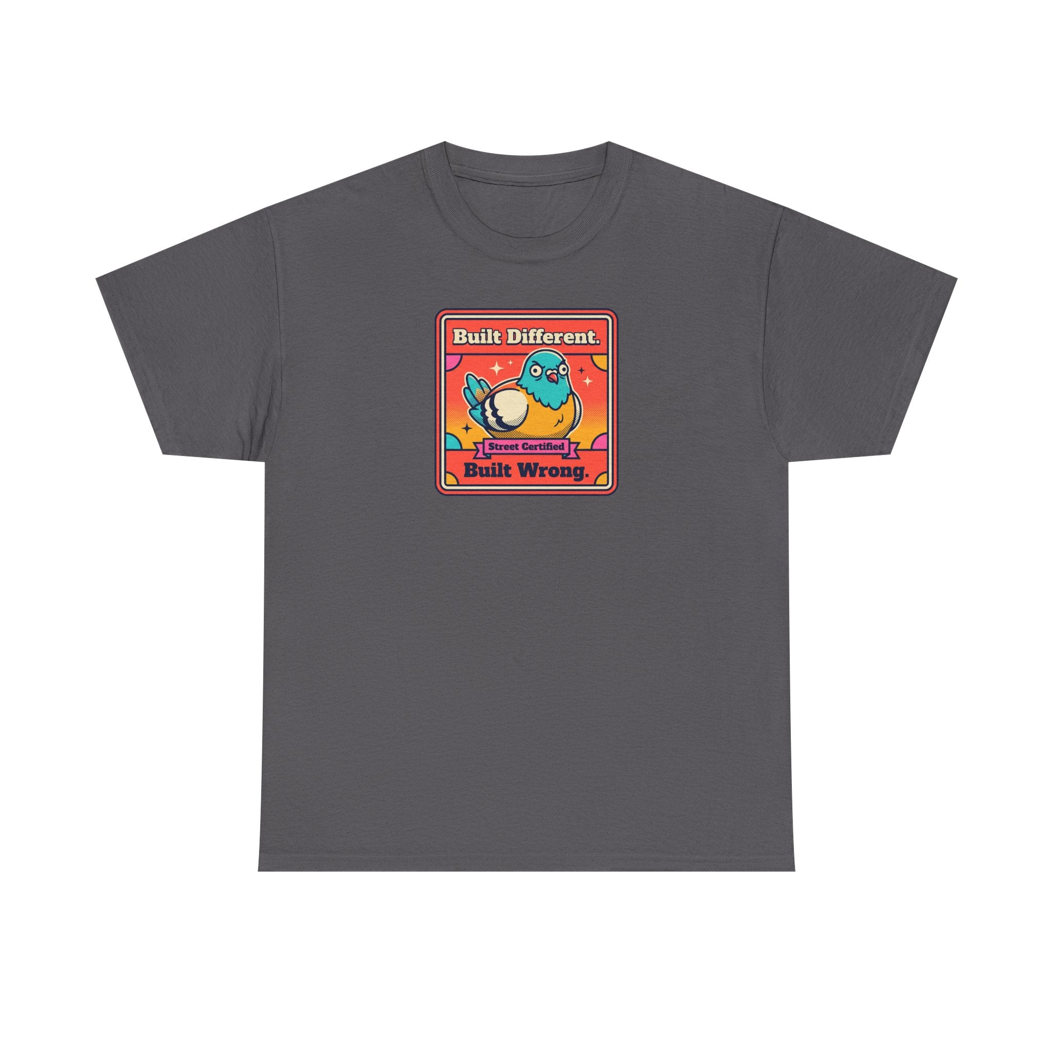 Charcoal t-shirt with framed bird graphic, 'Built Different' and 'Built Wrong' text.
