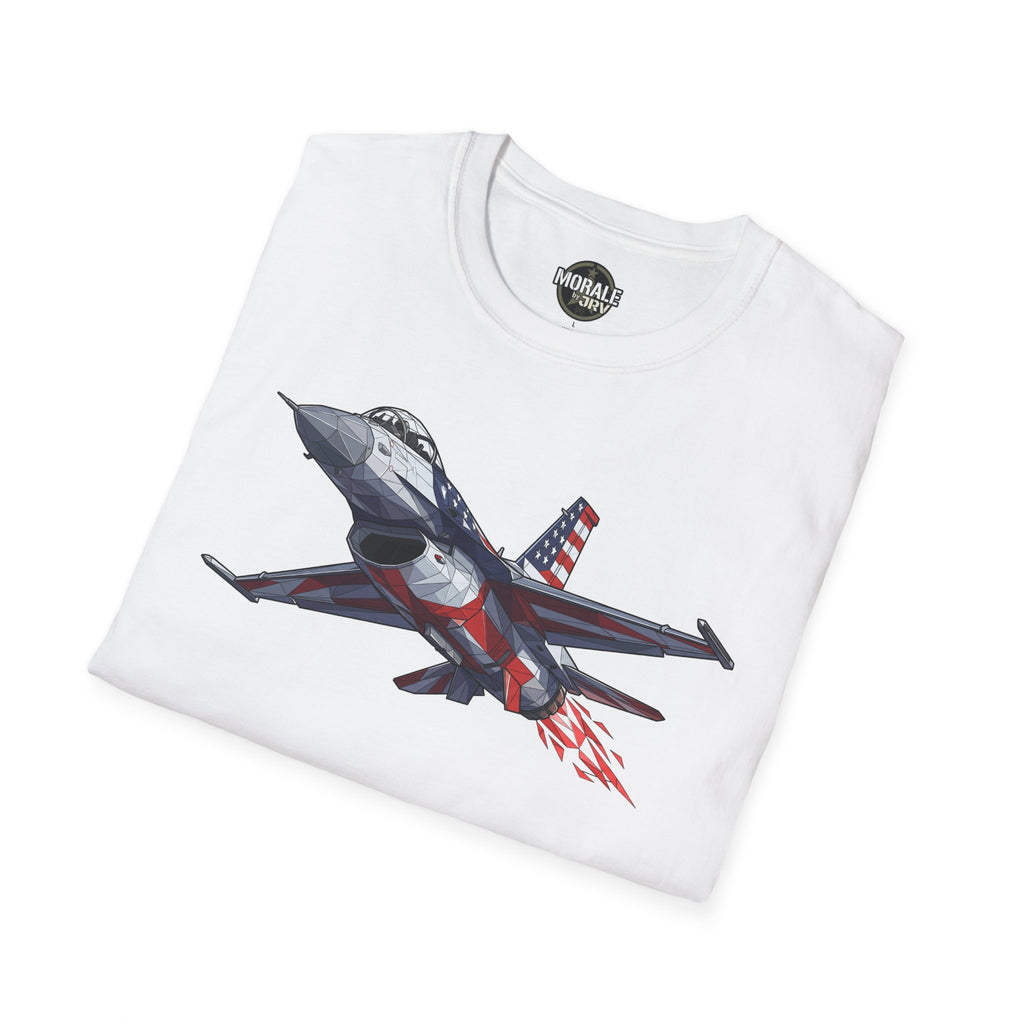 F-16 jet graphic T-shirt, white, American flag aviation design