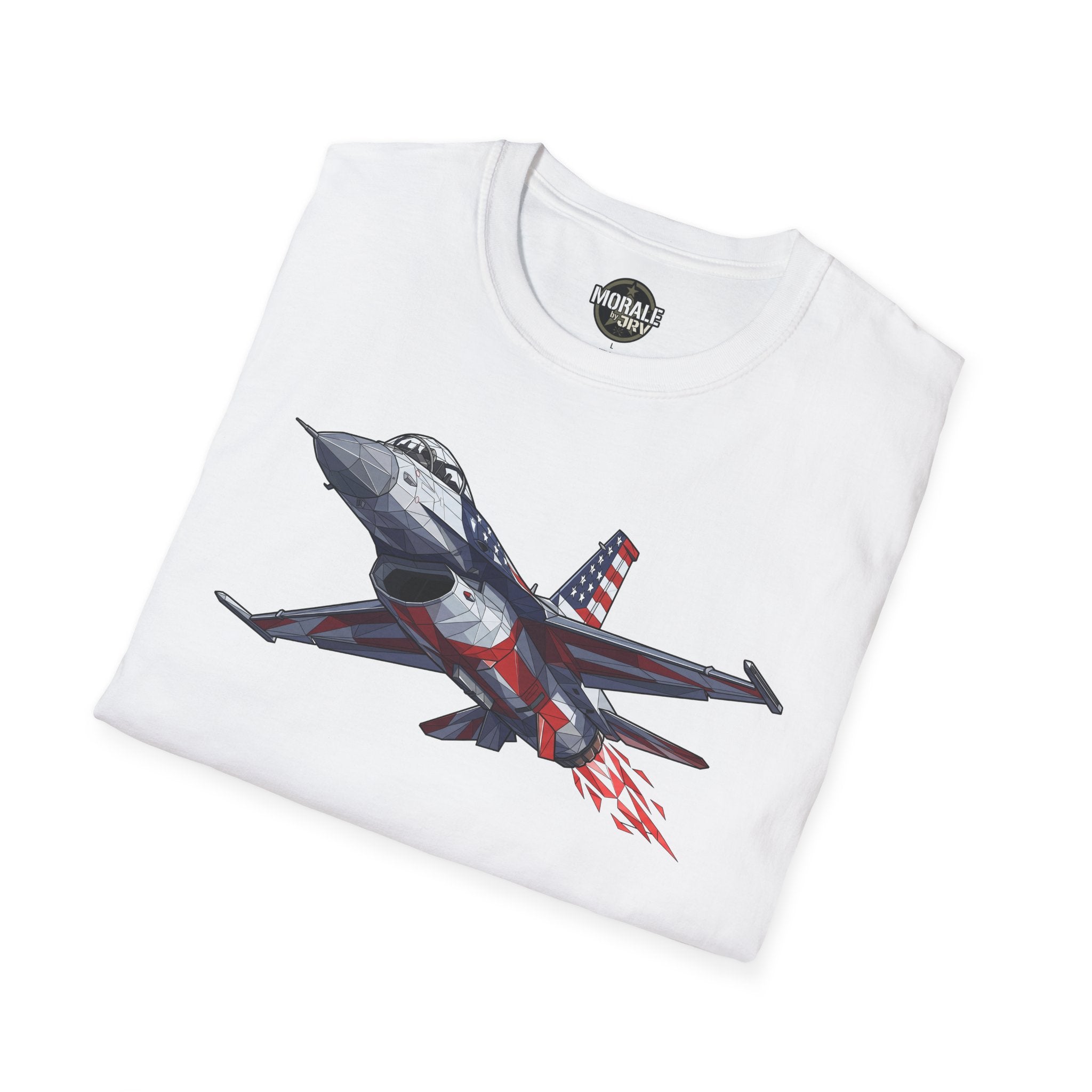 F-16 jet graphic T-shirt, white, American flag aviation design