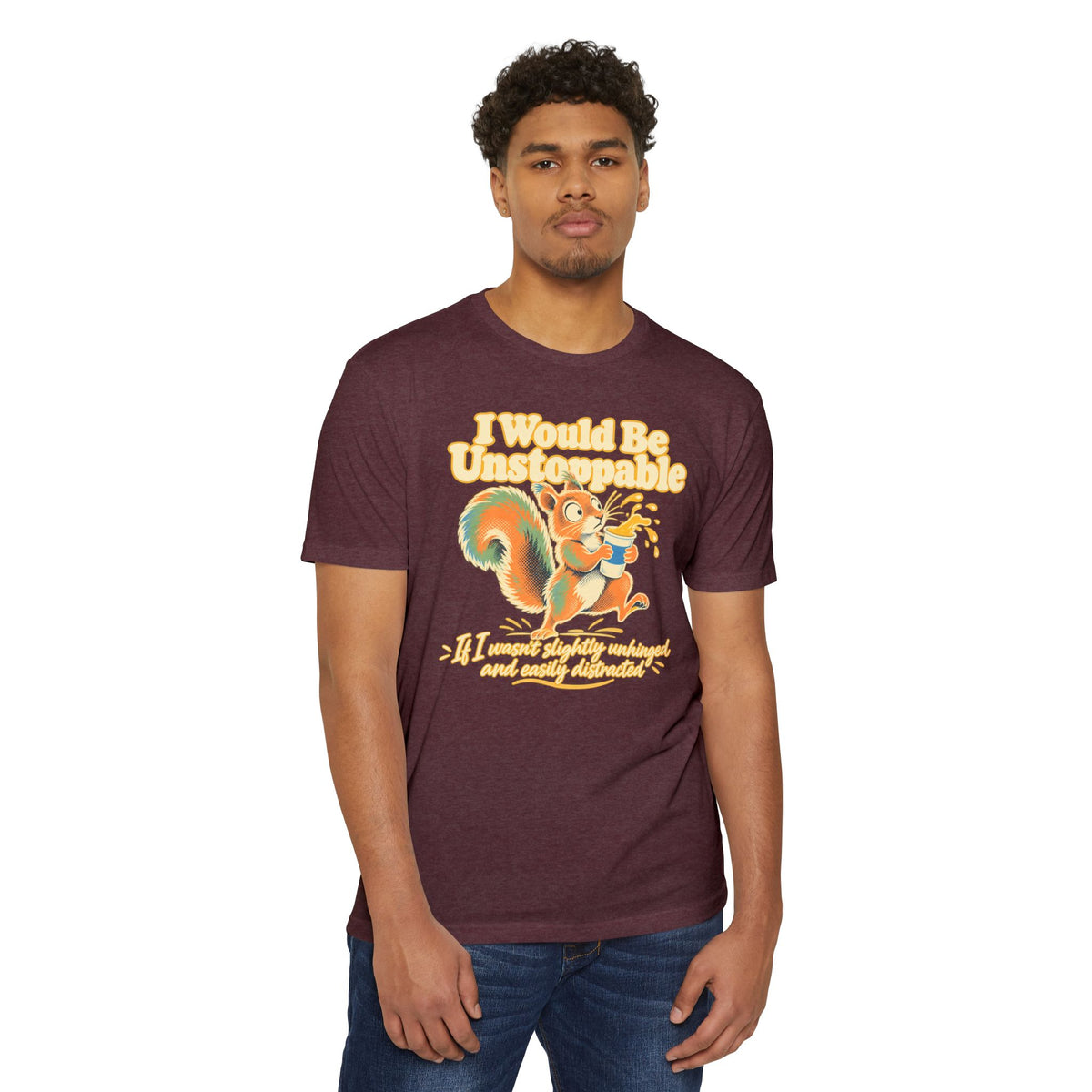 Maroon T-shirt with colorful squirrel graphic and bold yellow headline