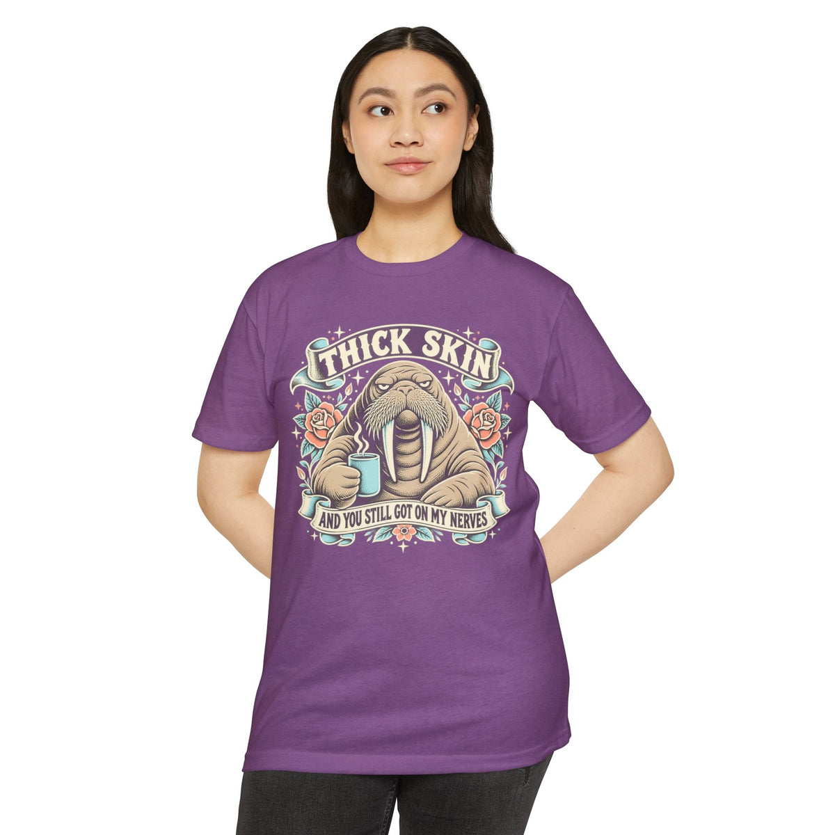 Purple short-sleeve T-shirt with walrus coffee graphic centered on the front