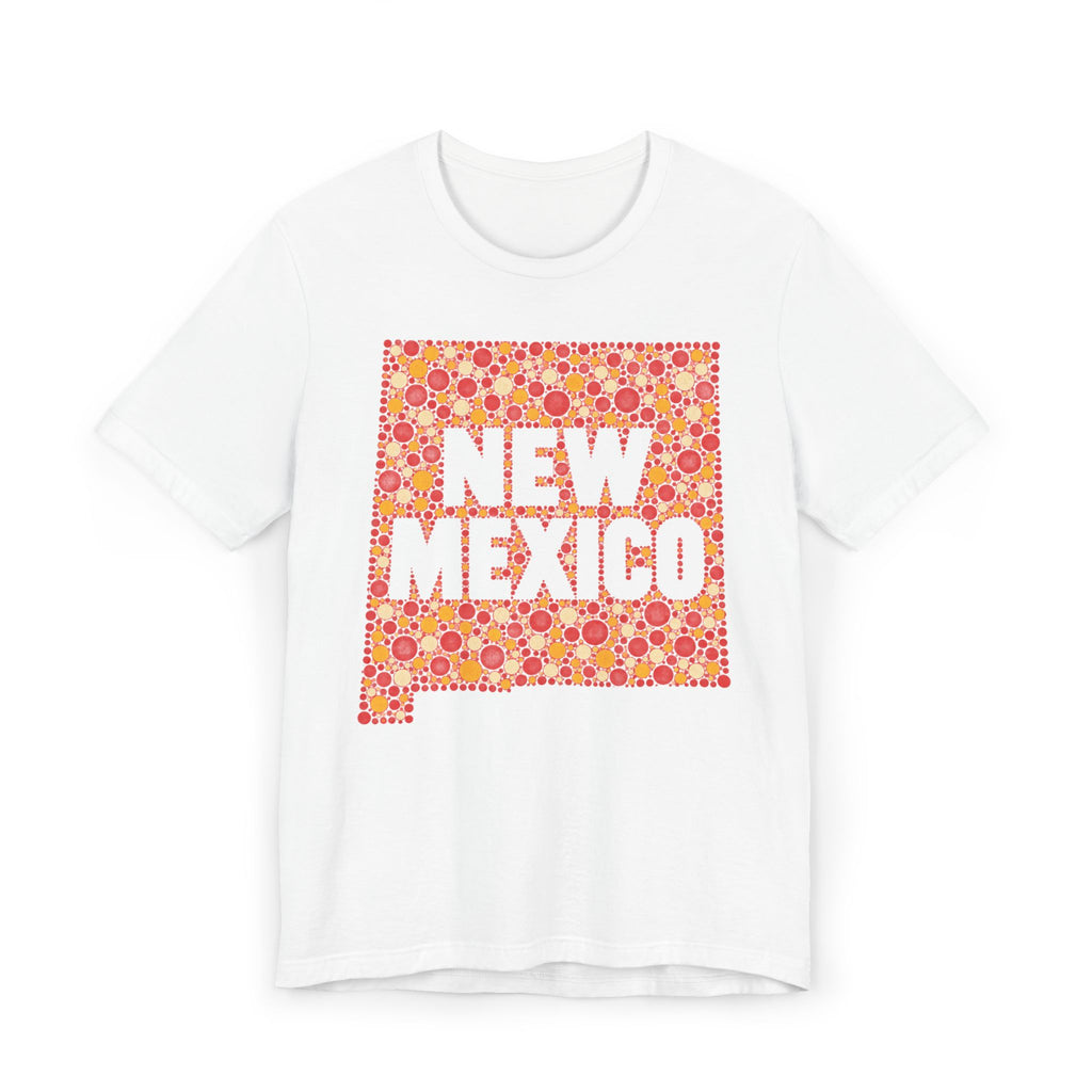 White short-sleeve T-shirt with colorful “New Mexico” patterned graphic on front.