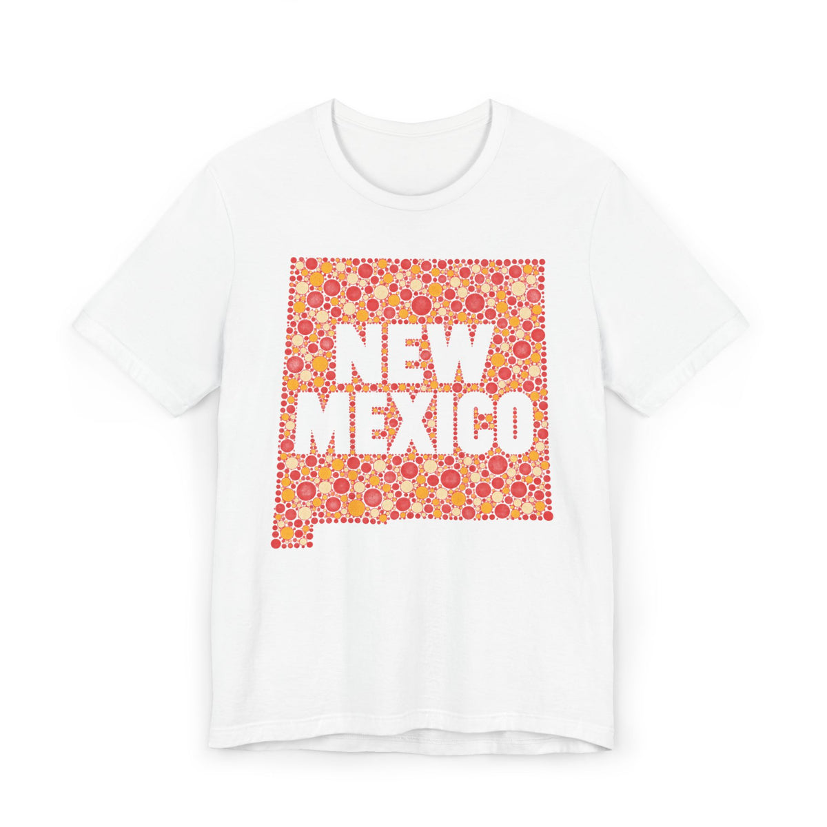 White short-sleeve T-shirt with colorful “New Mexico” patterned graphic on front.