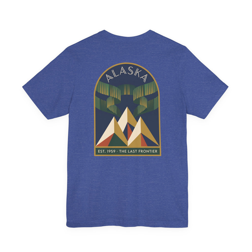 Heather blue graphic T-shirt with Alaska aurora badge and mountain design