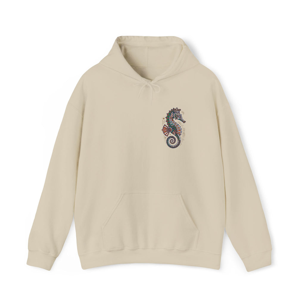 Cream seahorse floral hoodie with front pocket and drawstring hood