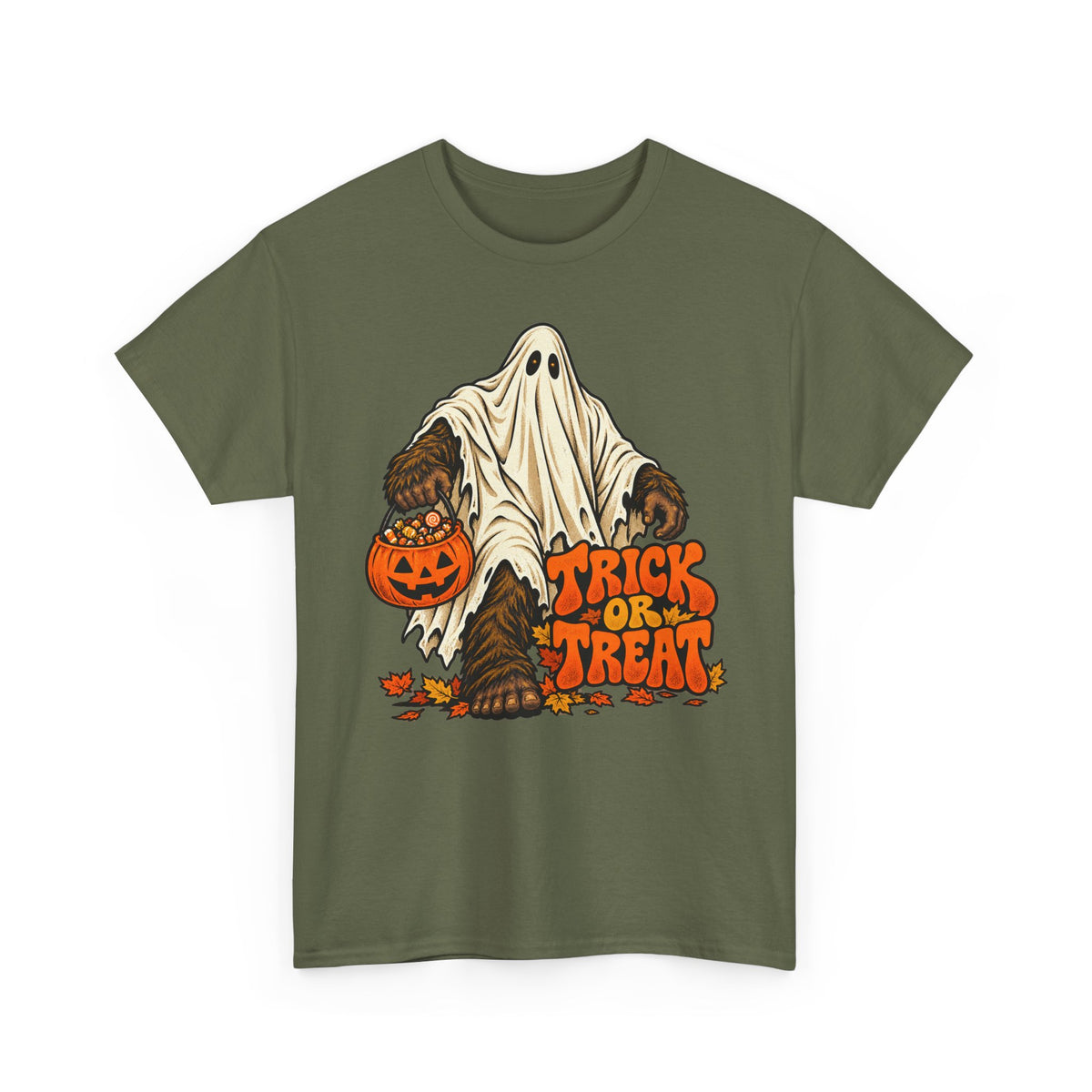 Green crew neck T-shirt with Bigfoot ghost holding a jack-o’-lantern, “Tricks or Treats”