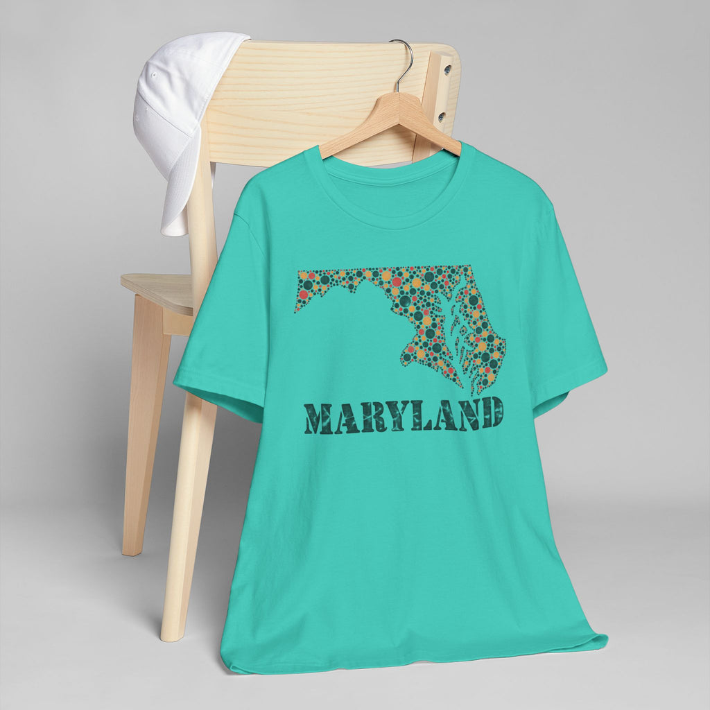 Teal T-shirt with Maryland floral map graphic and MARYLAND text