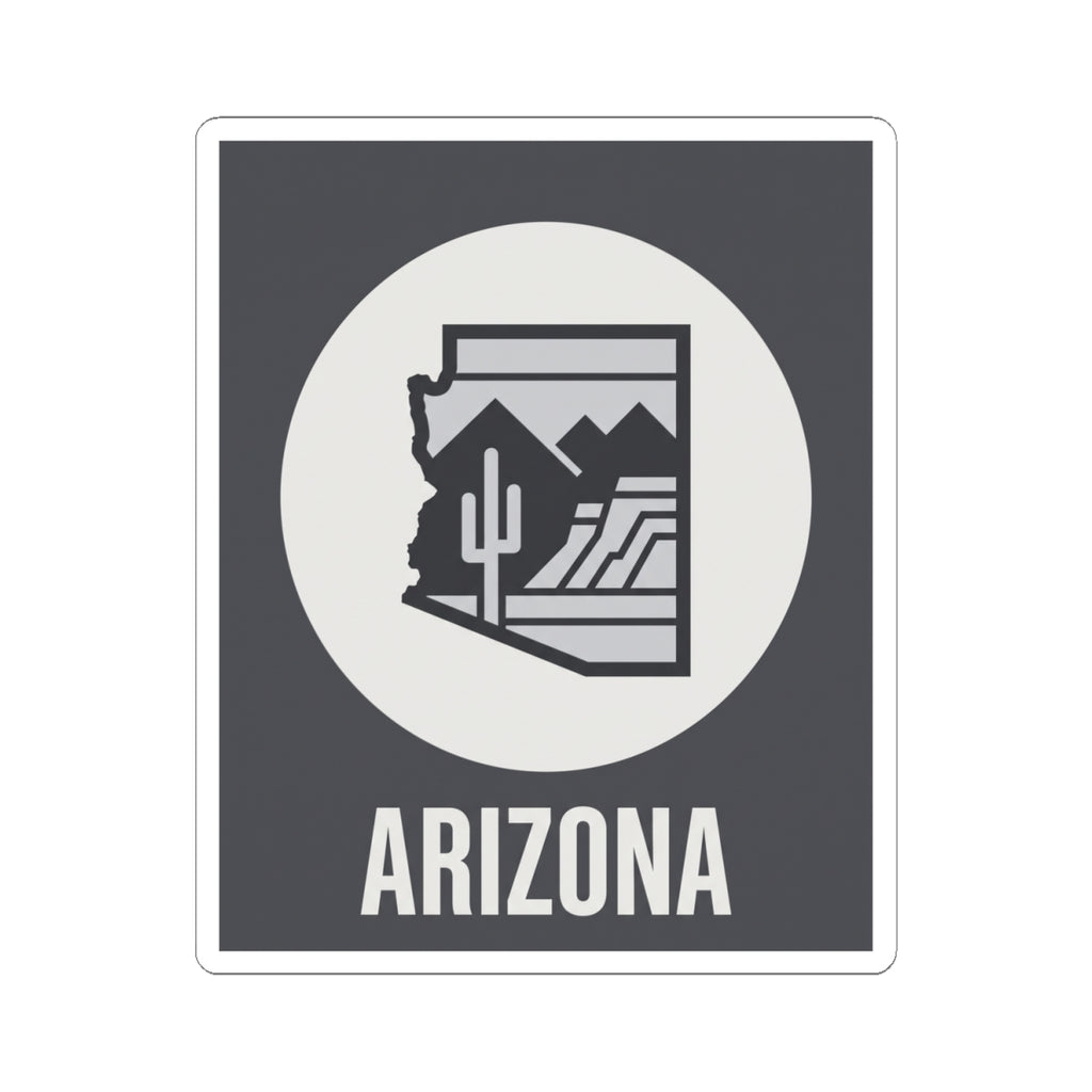 Square Arizona badge sticker with white border, desert cacti logo, and ARIZONA lettering