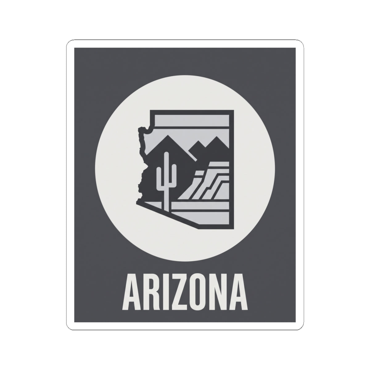Square Arizona badge sticker with white border, desert cacti logo, and ARIZONA lettering