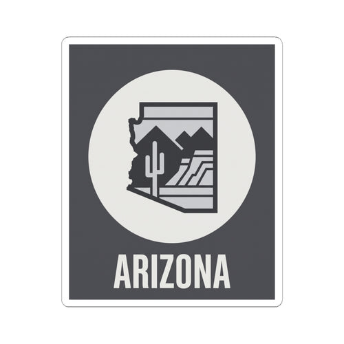 Square Arizona badge sticker with white border, desert cacti logo, and ARIZONA lettering
