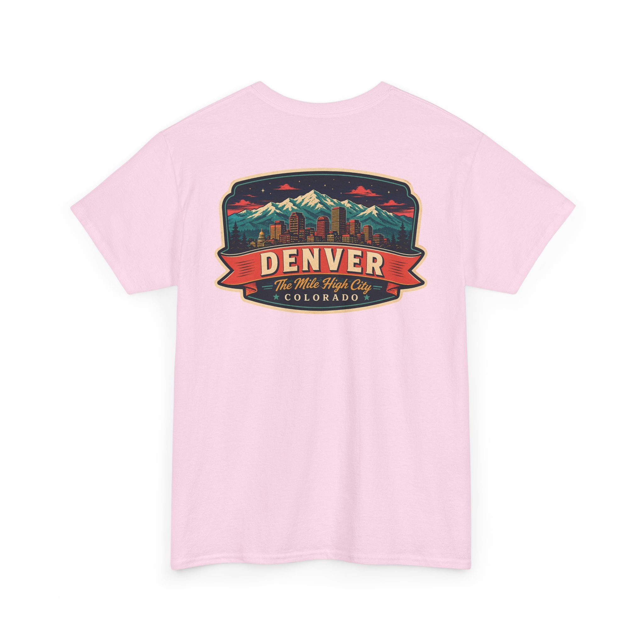 Light pink T-shirt with Denver city badge graphic on chest
