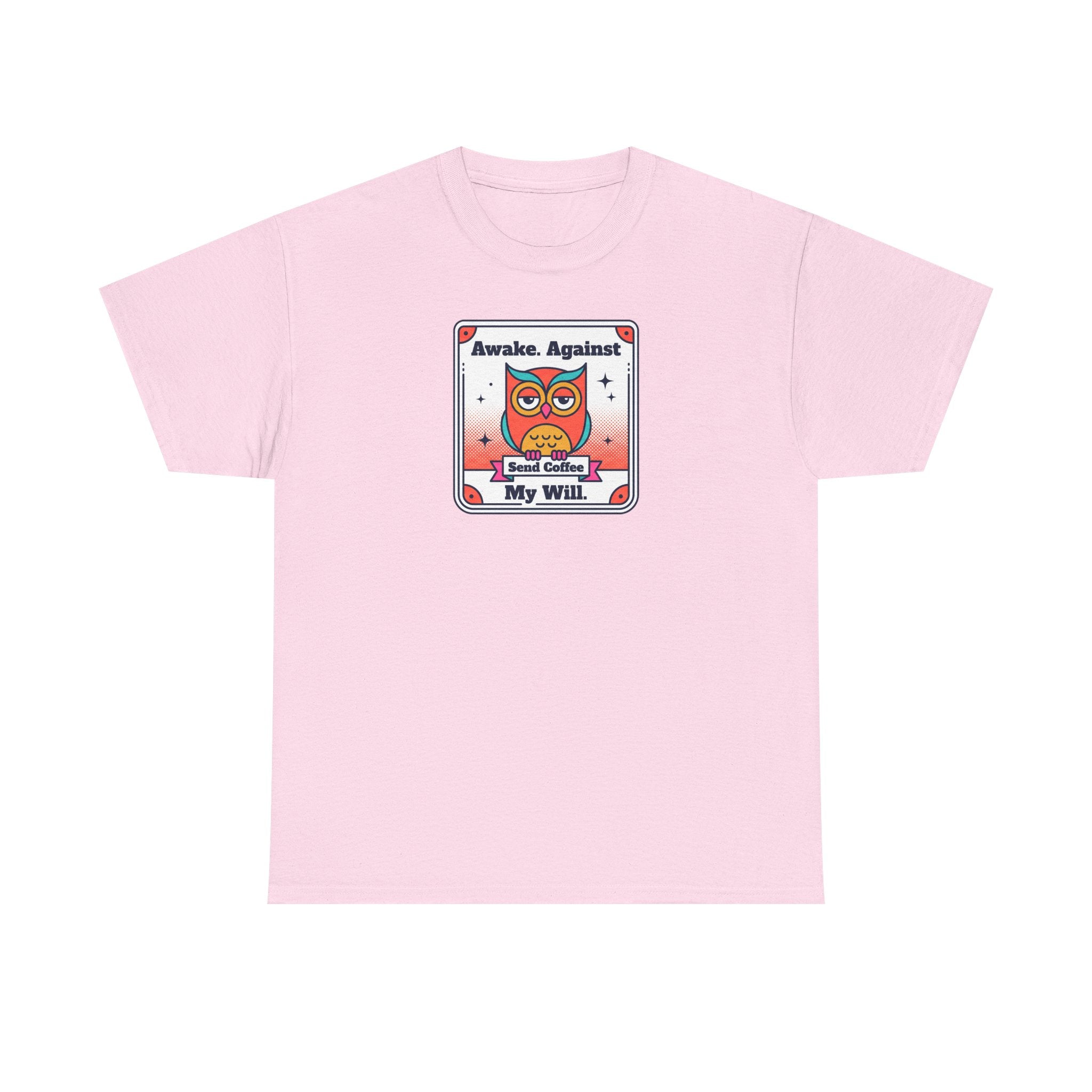 Light pink T-shirt with square graphic print at chest.