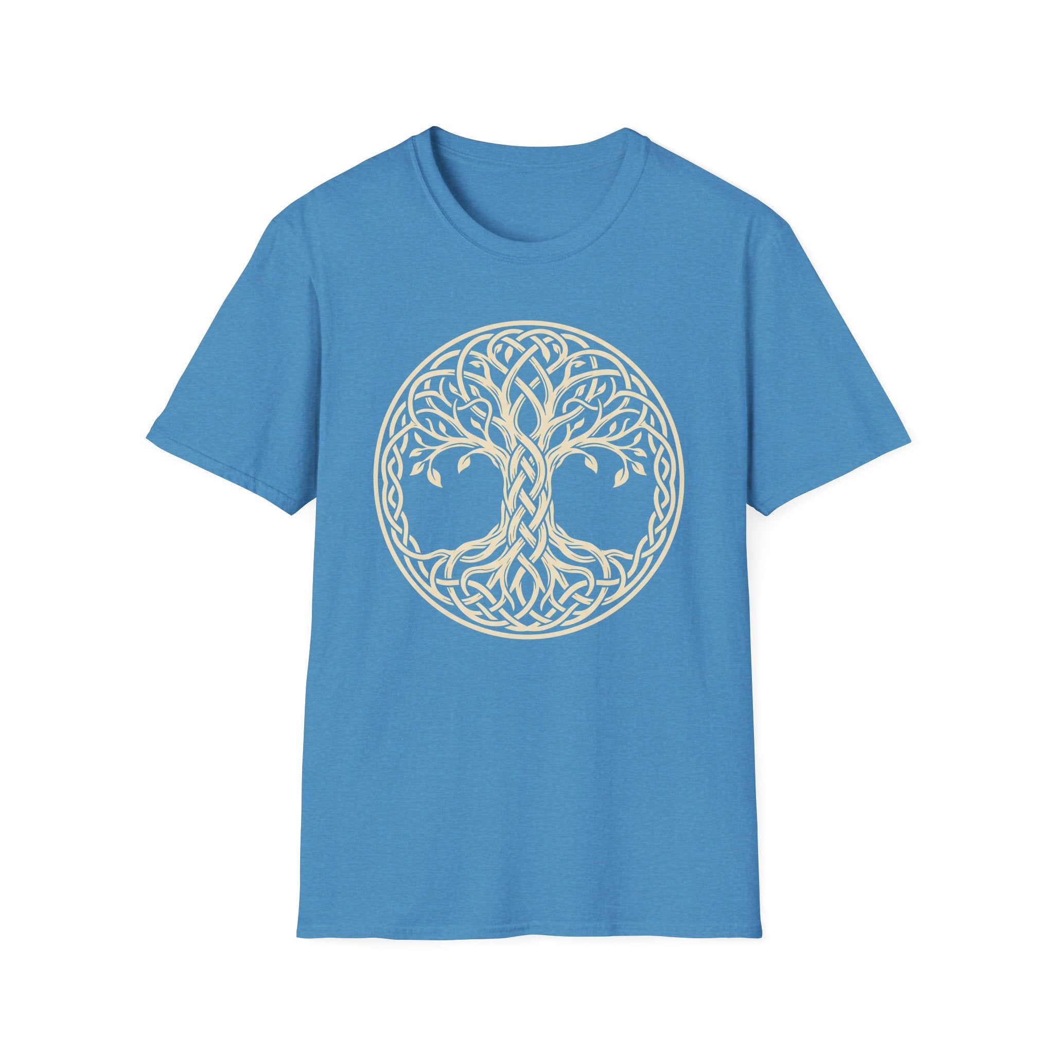 Blue T-shirt with light gold Celtic tree of life knotwork circle graphic