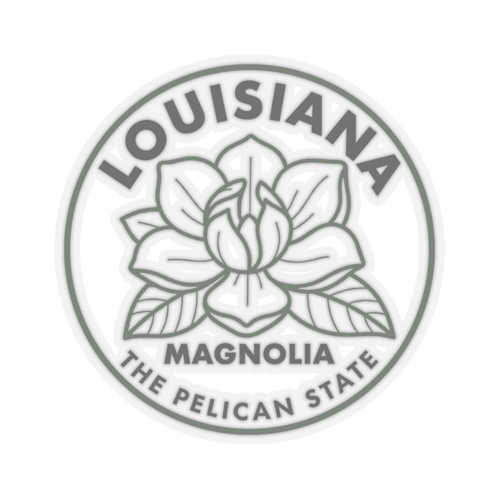 Transparent vinyl round sticker decal with gray magnolia blossom and Louisiana curved lettering