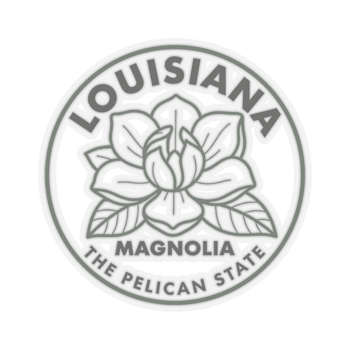 Transparent vinyl round sticker decal with gray magnolia blossom and Louisiana curved lettering