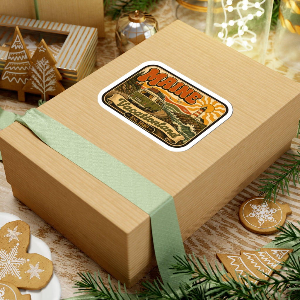 Kiss-cut vintage sticker on wrapped box, lighthouse and camper van scene with Est. 1820