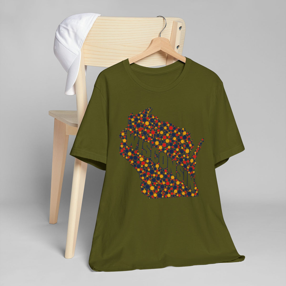 Olive crew-neck T-shirt with colorful dot-pattern state graphic