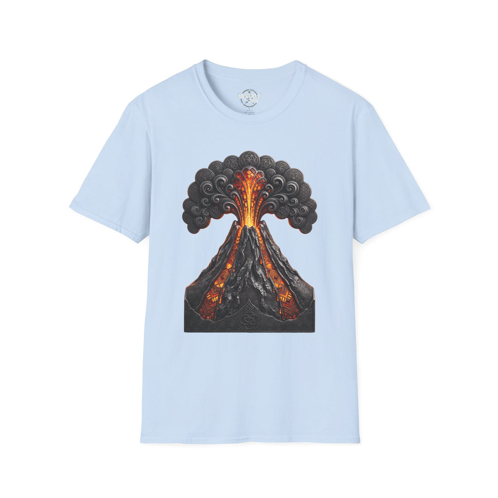 Light blue T-shirt with erupting volcano graphic, orange lava bursts and dark smoke
