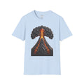 Light blue T-shirt with erupting volcano graphic, orange lava bursts and dark smoke