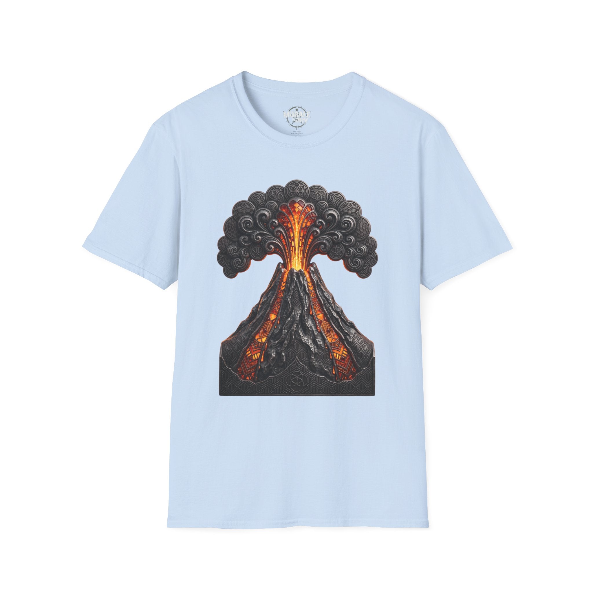 Light blue T-shirt with erupting volcano graphic, orange lava bursts and dark smoke