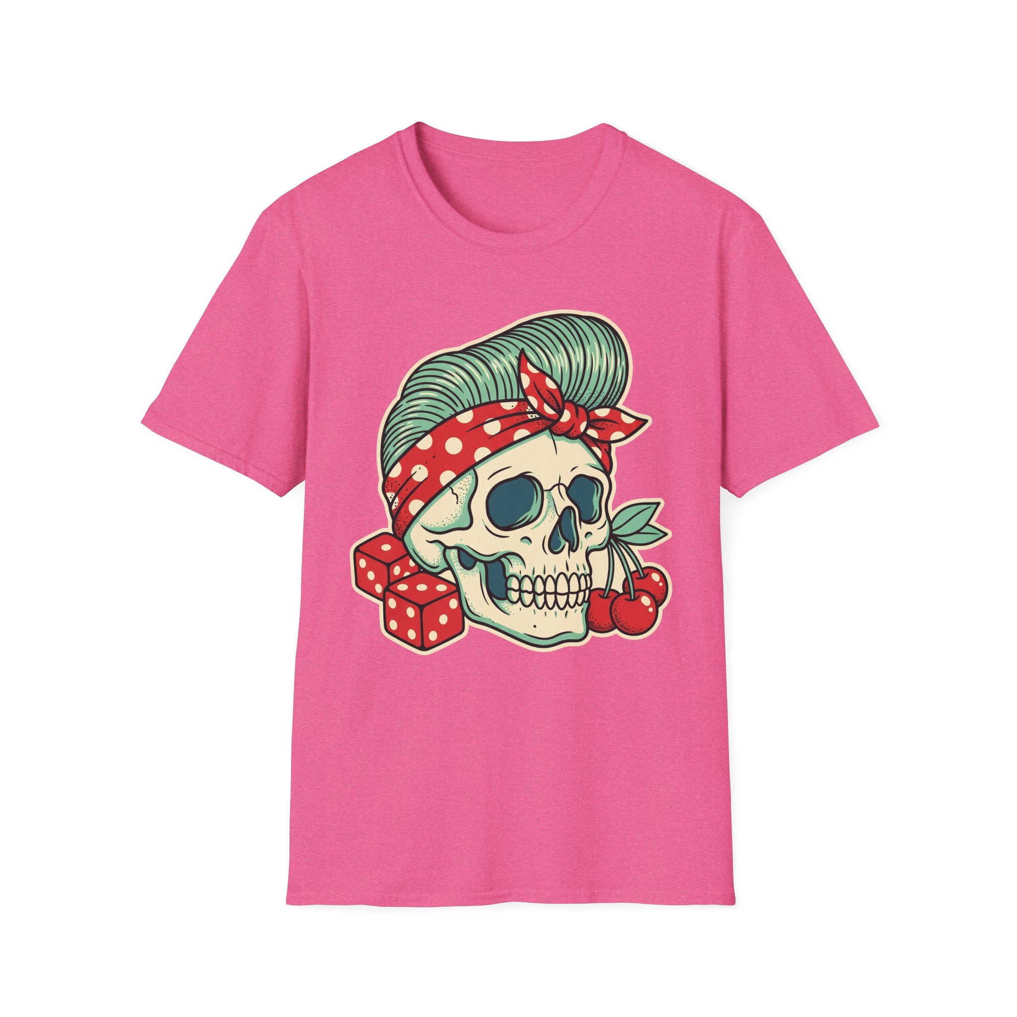 Pink rockabilly T-shirt with sugar skull print, green swirled hair, red bandana and cherries