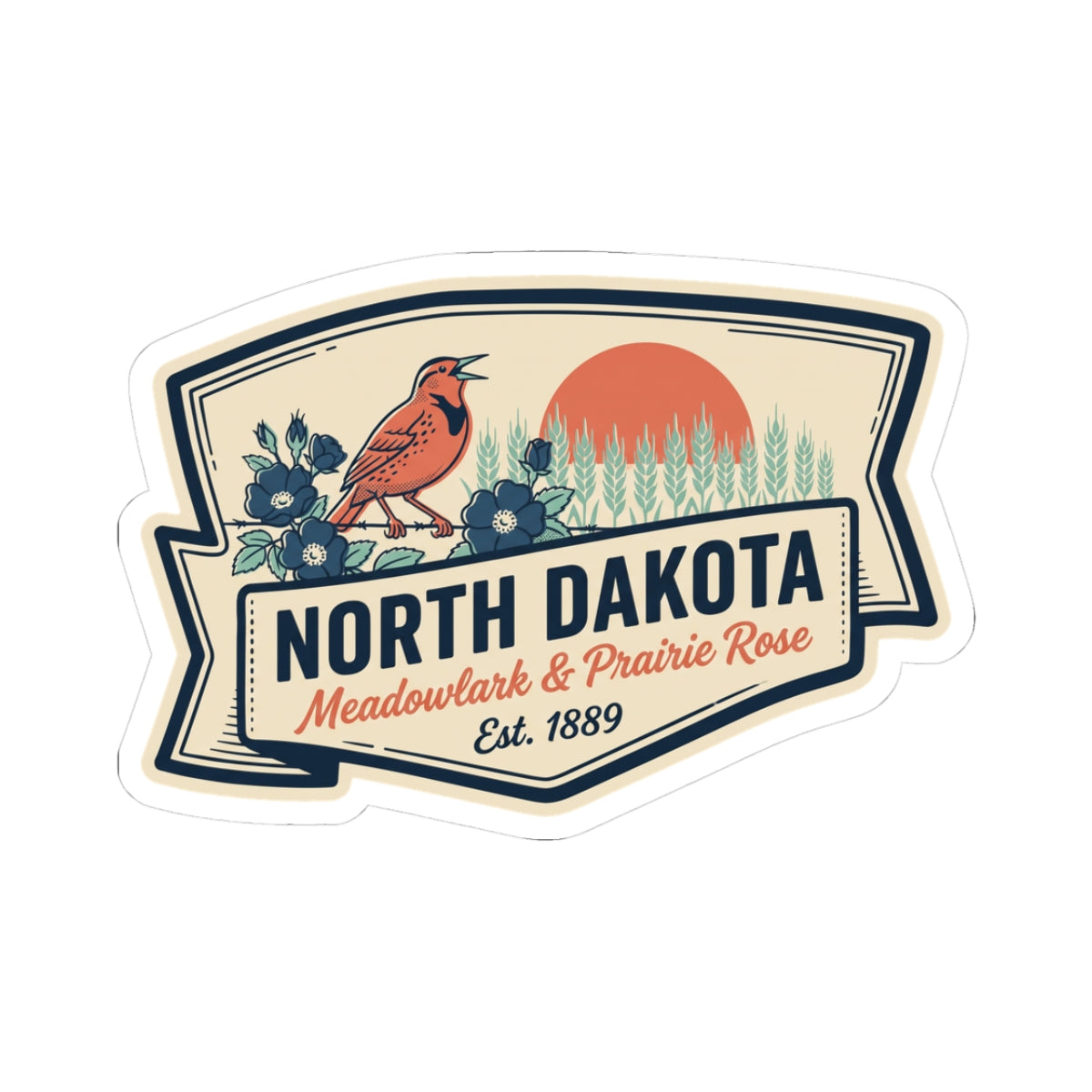 North Dakota kiss-cut vinyl sticker with bird, prairie rose flowers, and “Est. 1889” text