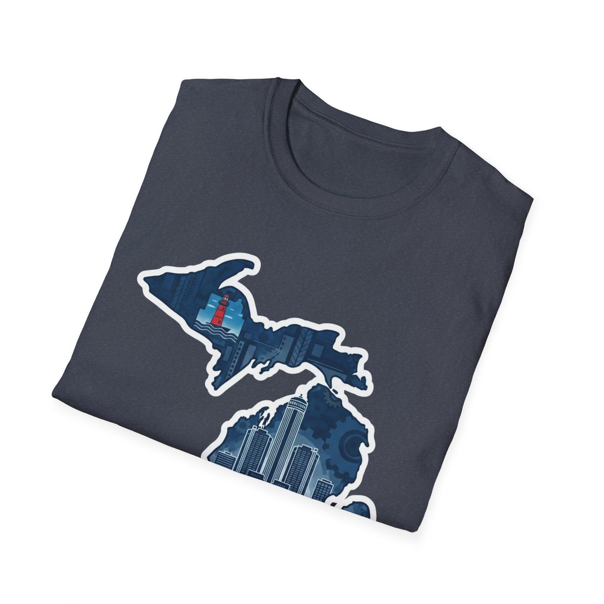 Dark heather T-shirt with Michigan map and skyline graphic