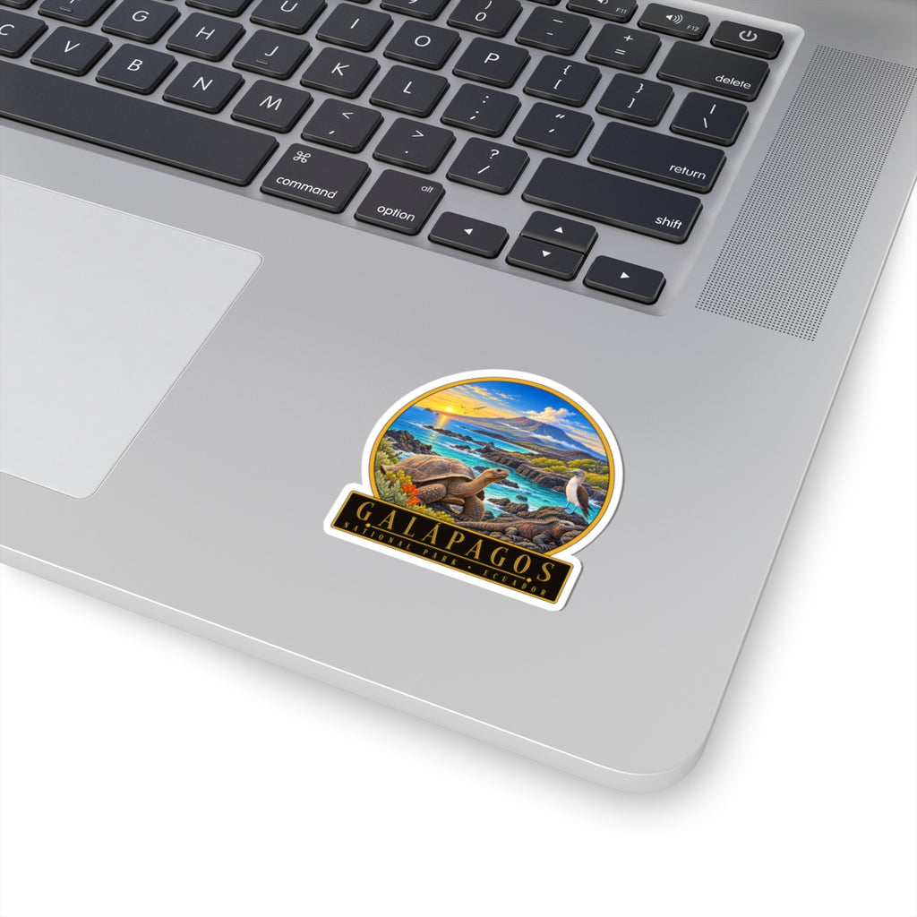Vinyl sticker: circular Galapagos tortoise over ocean and volcanic landscape, on laptop