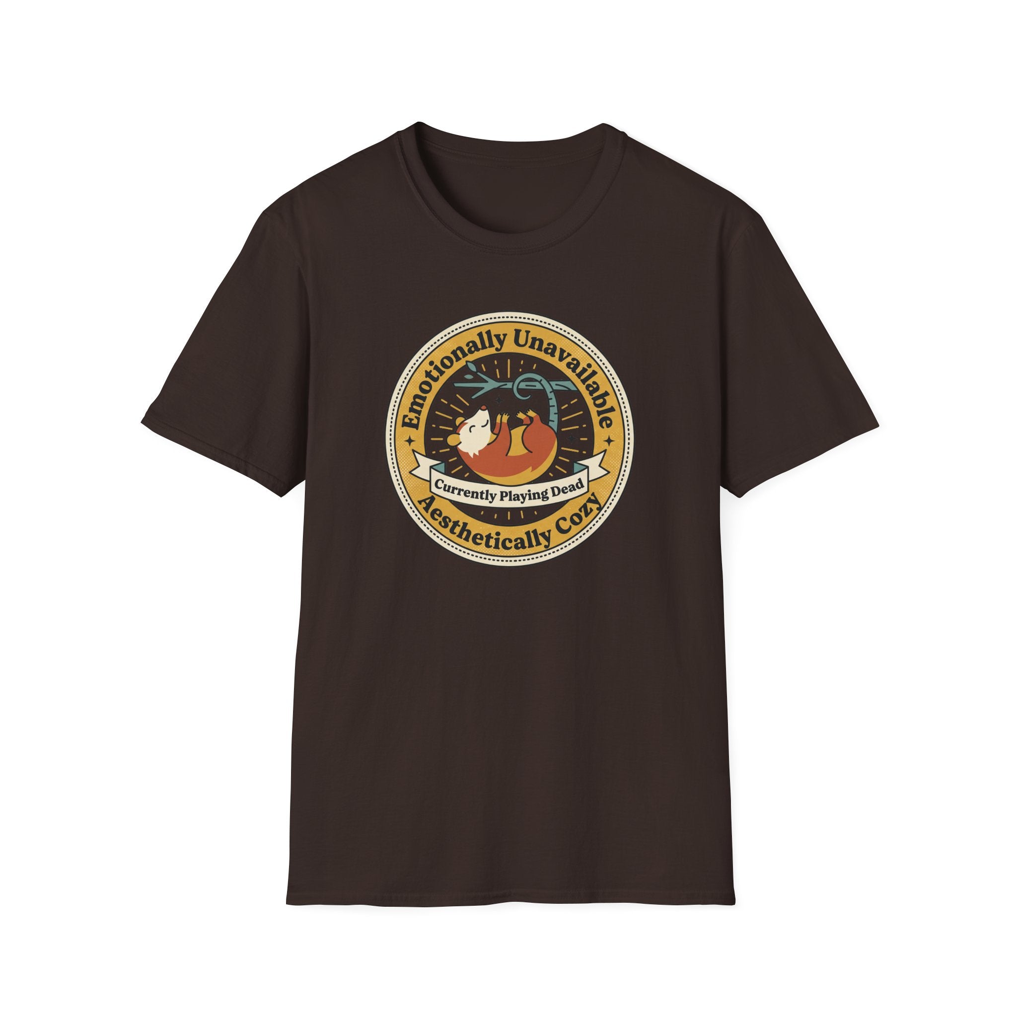 Dark brown T-shirt with circular sloth “Emotionally Unavailable” play-dead graphic
