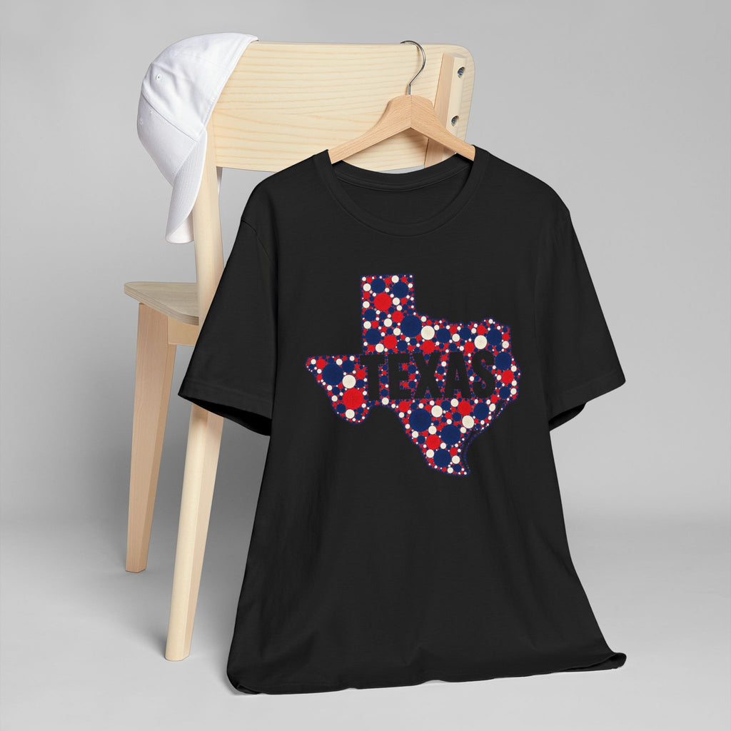 Black crewneck T-shirt with patriotic polka-dot Texas outline graphic on front