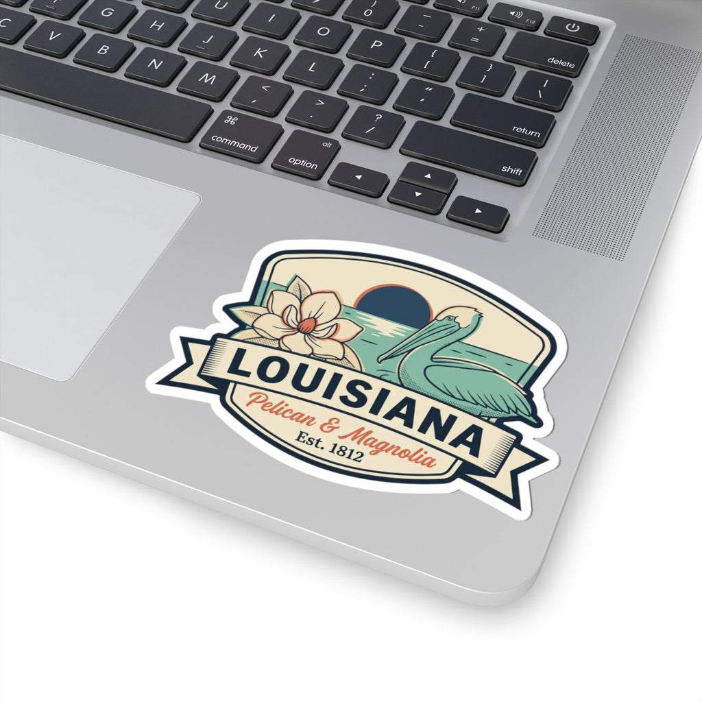 Louisiana pelican & magnolia sticker decal with vintage oval badge and ribbon banner wording.