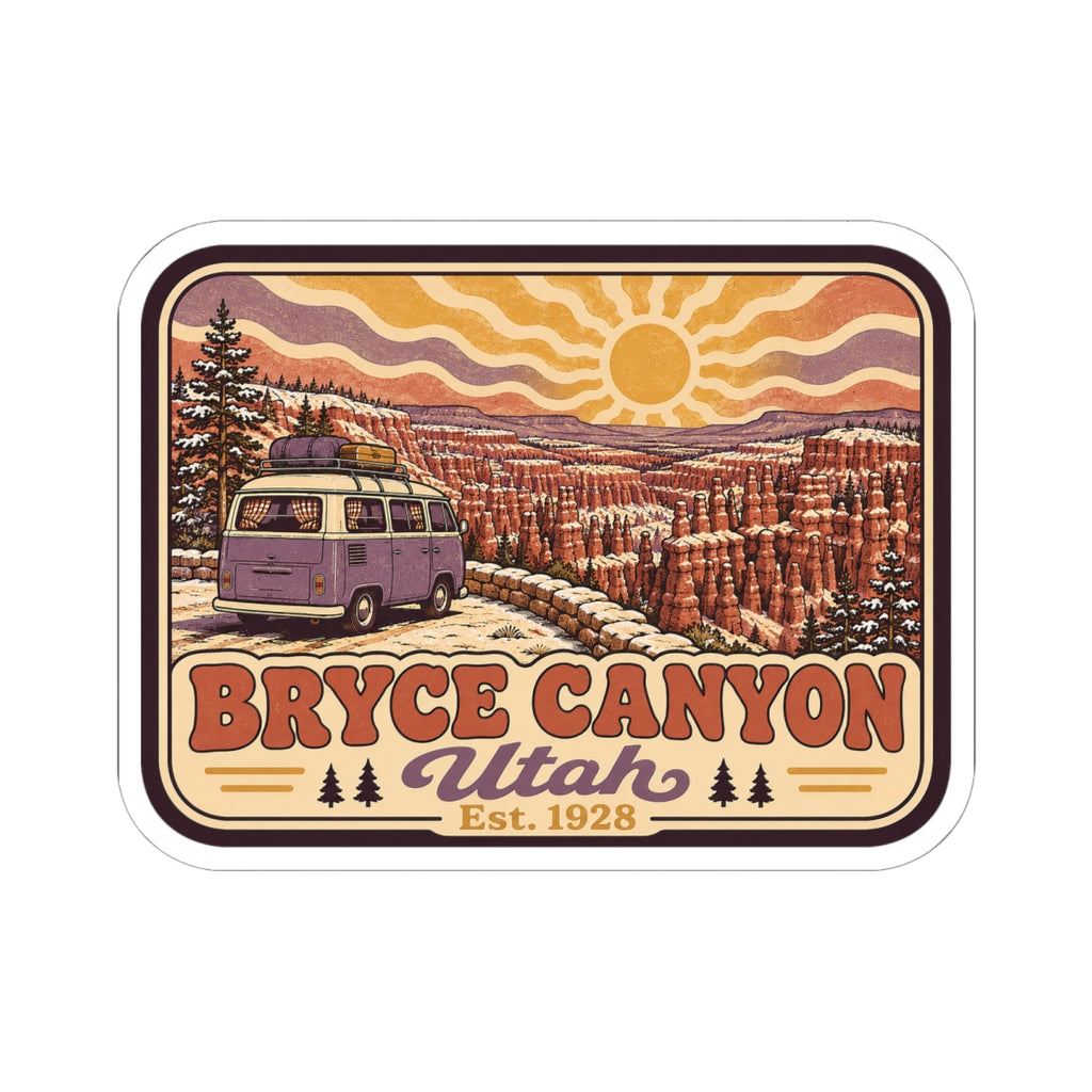 Kiss-cut Bryce Canyon Utah sticker showing hoodoo formations, sun, and retro wave lines