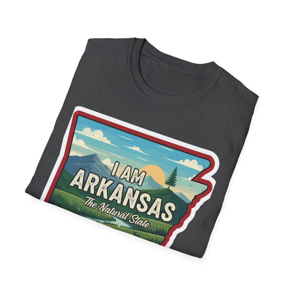 Camiseta gris jaspeado con diseño ovalado “I AM ARKANSAS” y paisaje