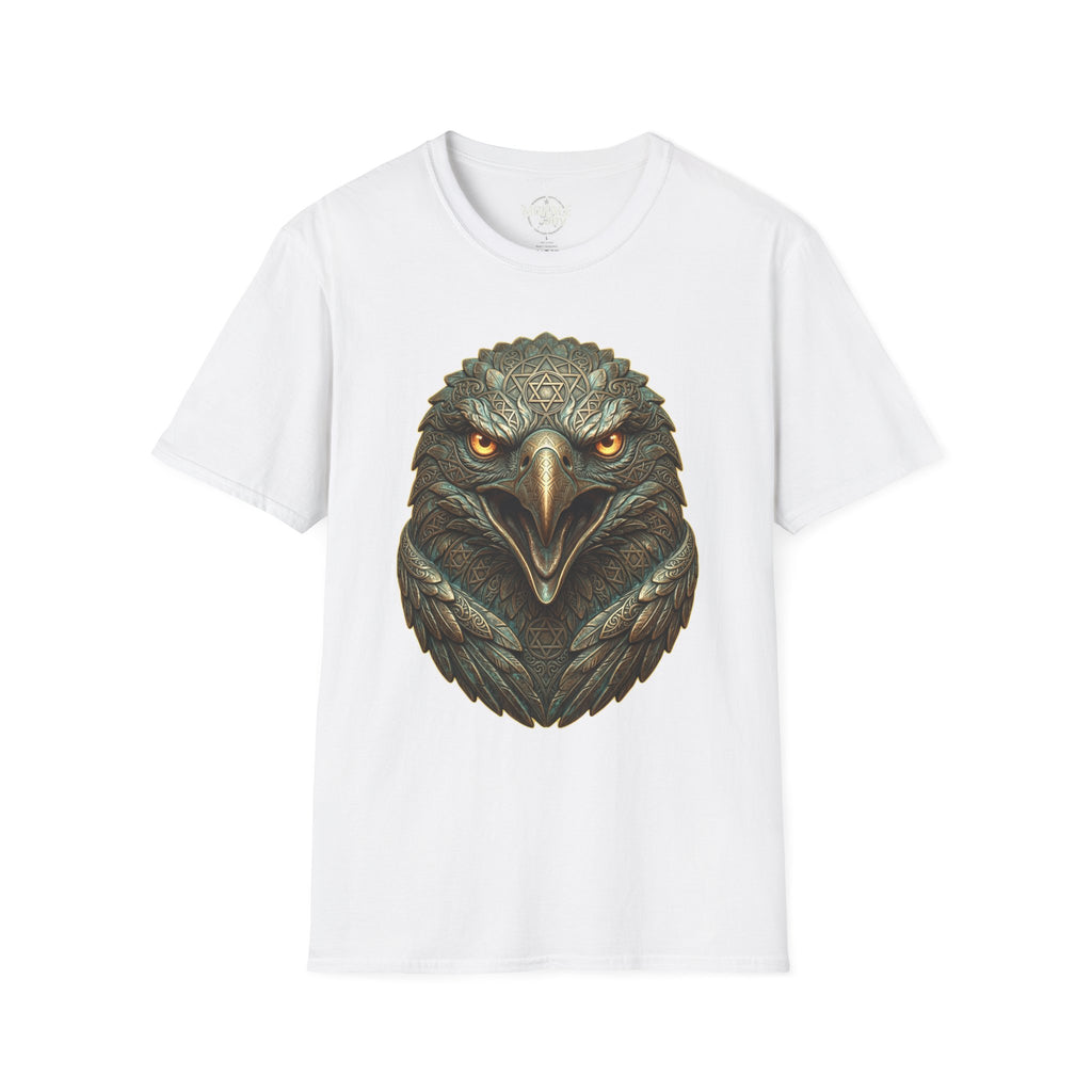White T-shirt, realistic eagle head print with golden eyes