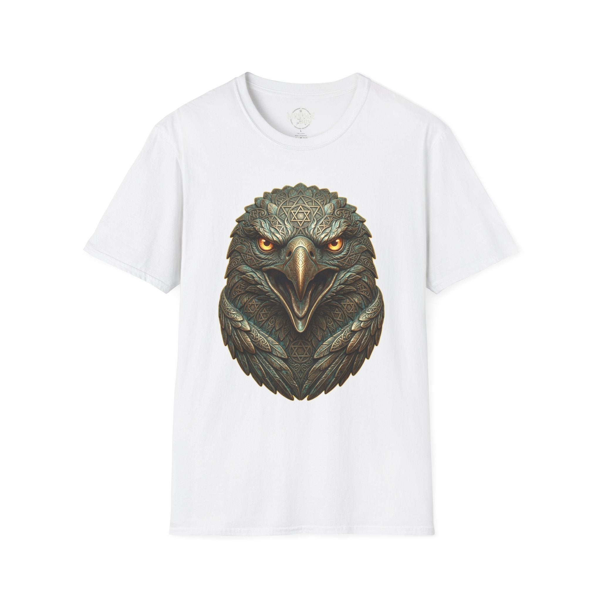 White T-shirt, realistic eagle head print with golden eyes