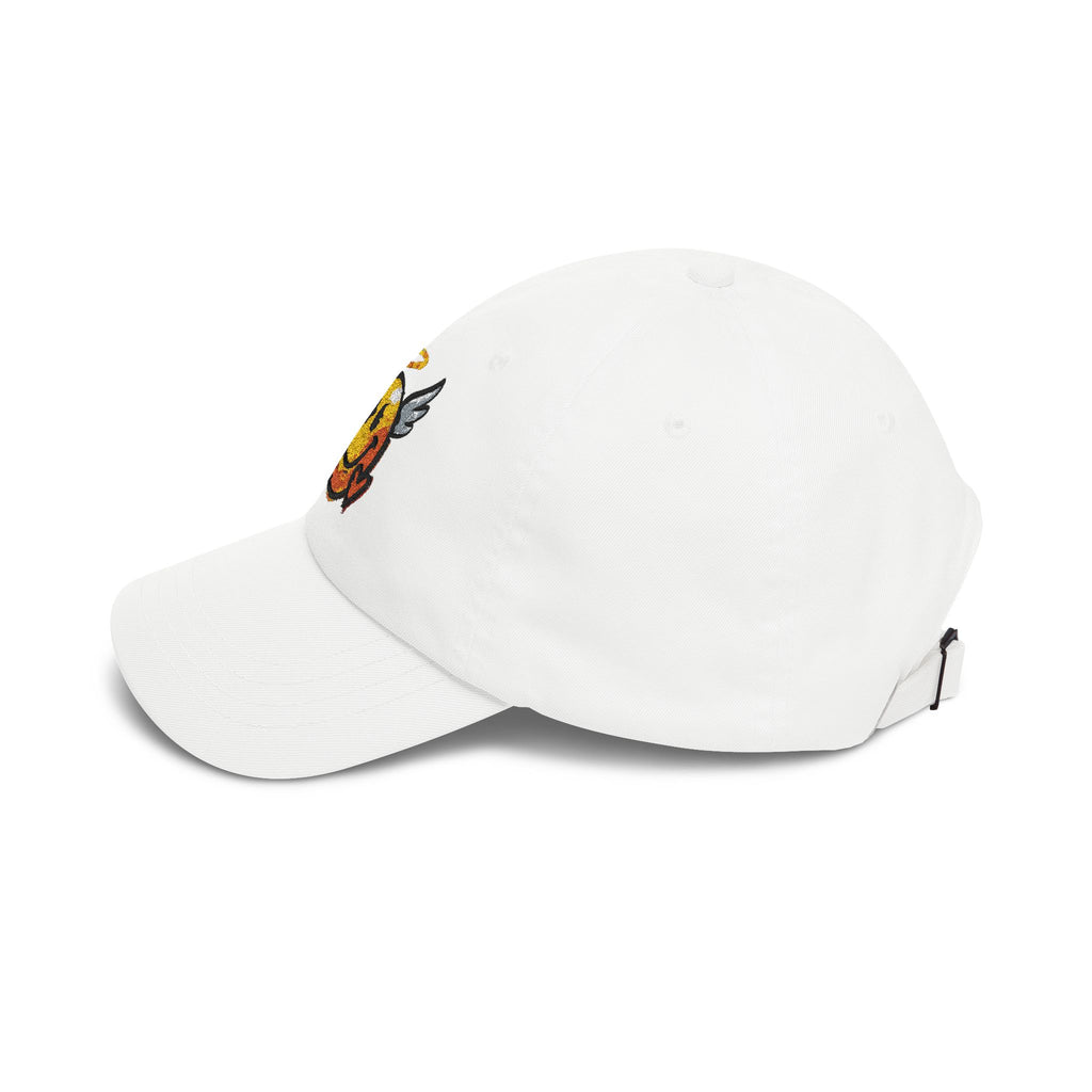 White dad cap side view with embroidered winged smiley detail