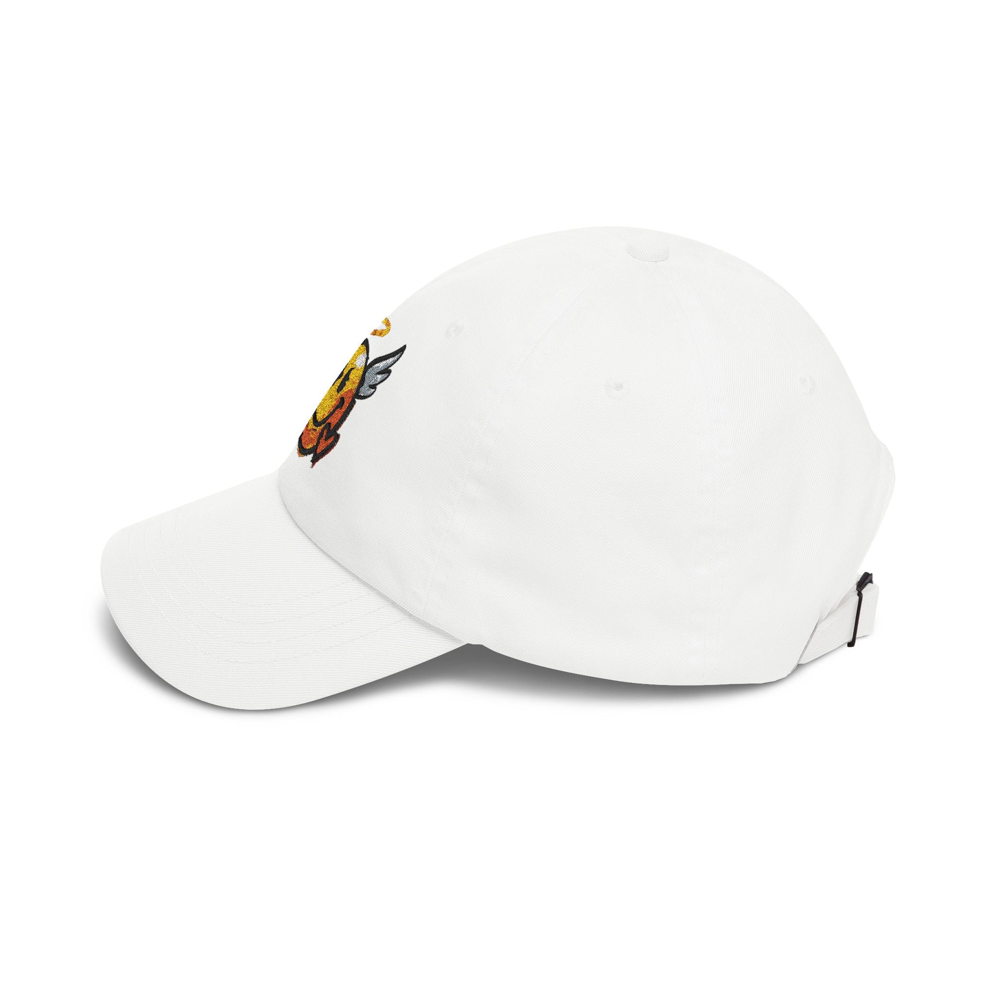 White dad cap side view with embroidered winged smiley detail