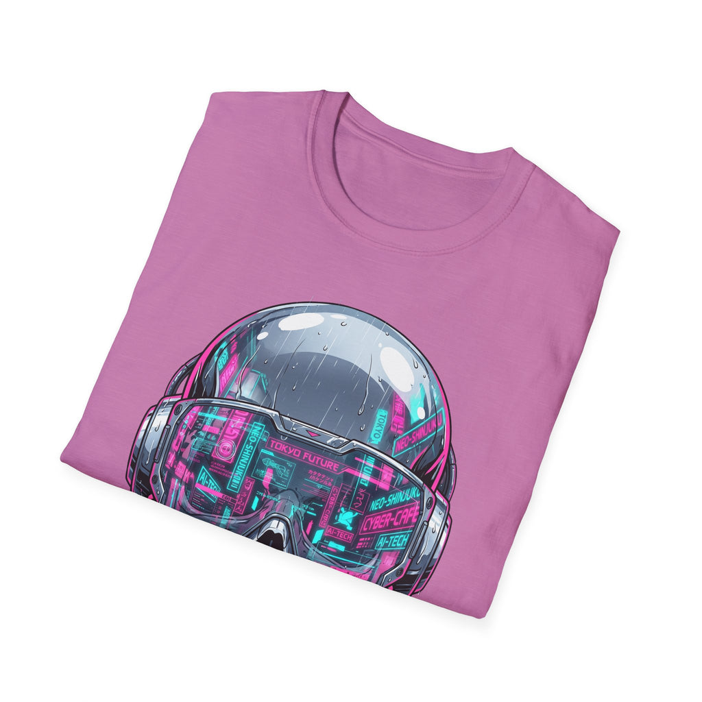 Cyberpunk Skull T-Shirt, rosa: großes Neon-Visier-Grafikmotiv auf der Vorderseite