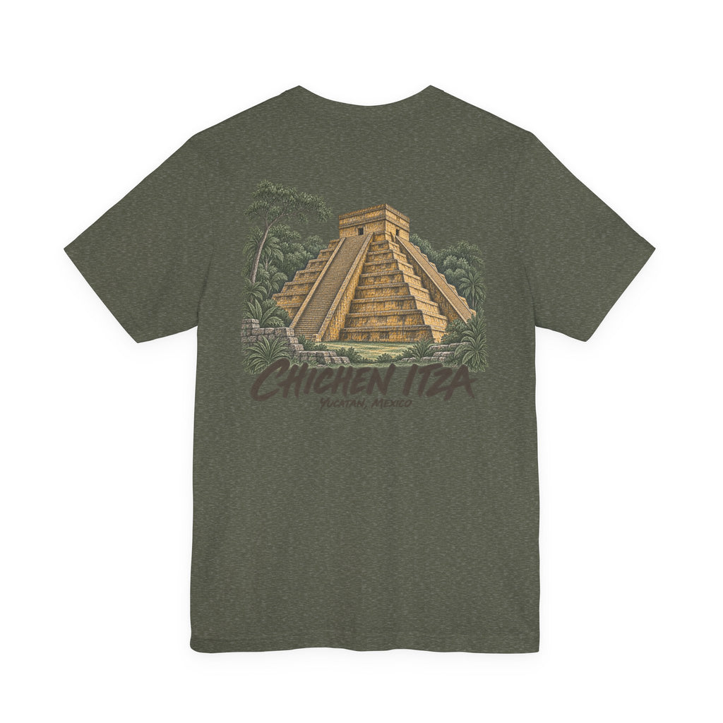 Travel t-shirt, dark heather brown, front pyramid graphic with vintage Chichen Itza print
