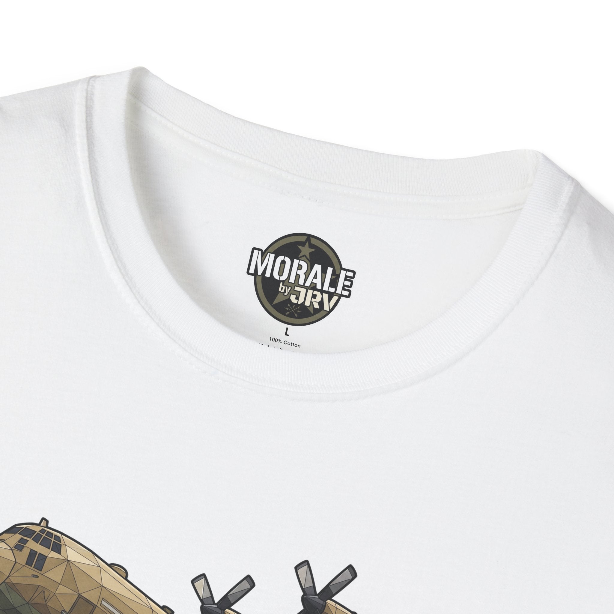White T-shirt neckline with “MORAL” by “TRIV” logo badge