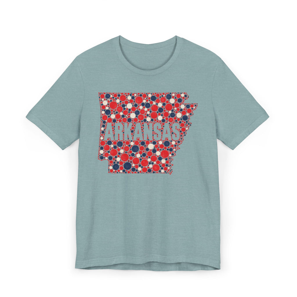 Teal T-shirt with Arkansas outline graphic in red, white, and blue dot pattern