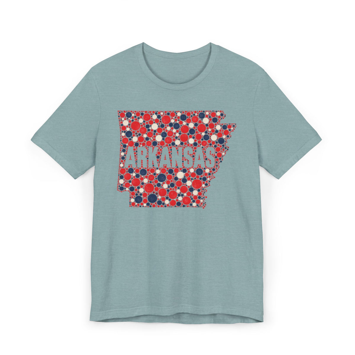 Teal T-shirt with Arkansas outline graphic in red, white, and blue dot pattern